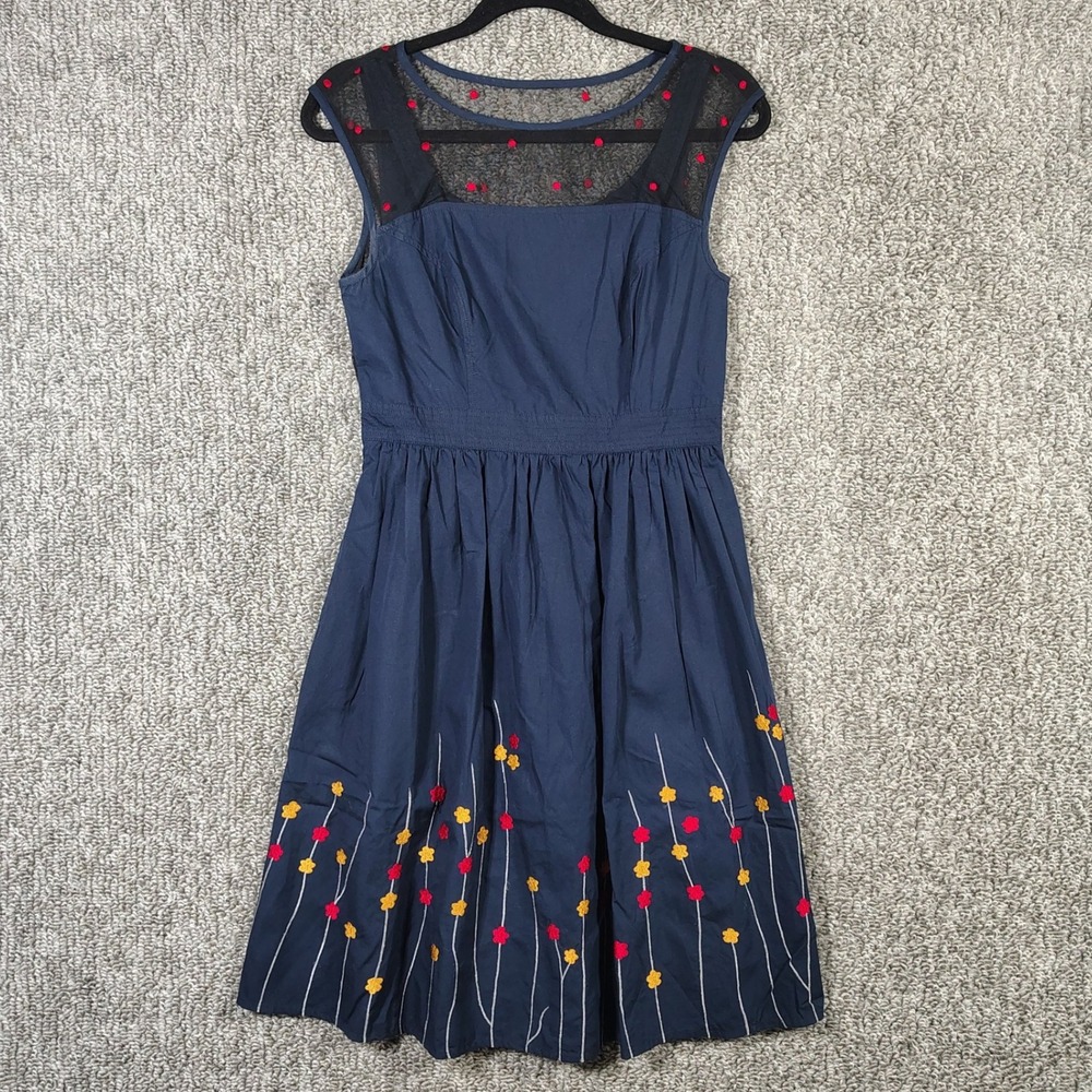 eShakti Dress Navy Blue Floral Embroidered Mesh Yoke Cottagecore Women Size 6